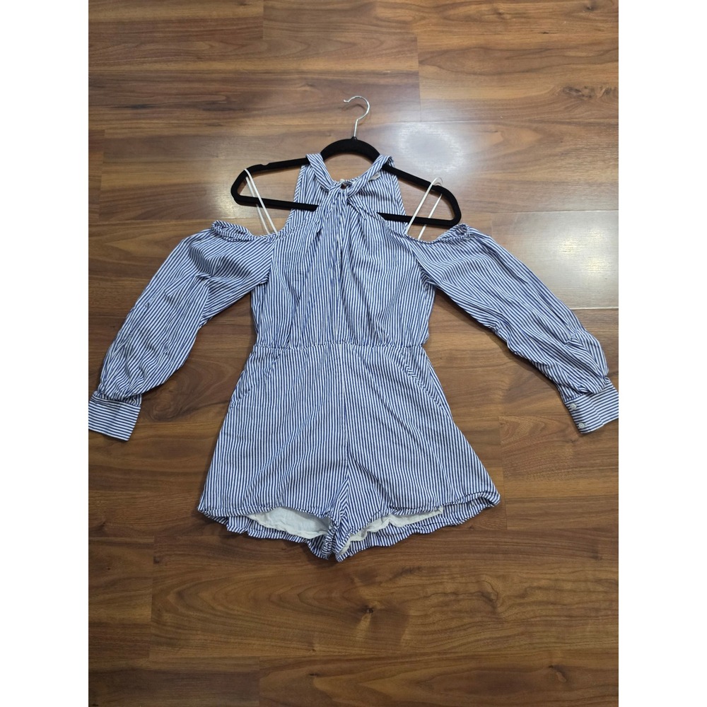 Excellent Lush Romper Small Blue White Striped Cold Shoulder Halter Neck Pocket
